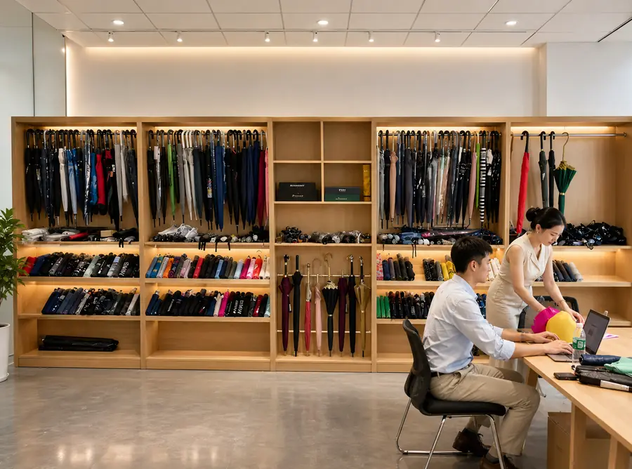 China custom umbrella showroom with product samples for overseas B2B buyers