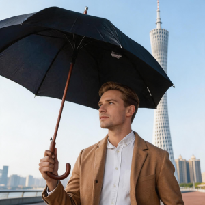 48 Inch Black Automatic Wood Handle Hotel Umbrella for hotels, corporate gifts, and B2B custom orders