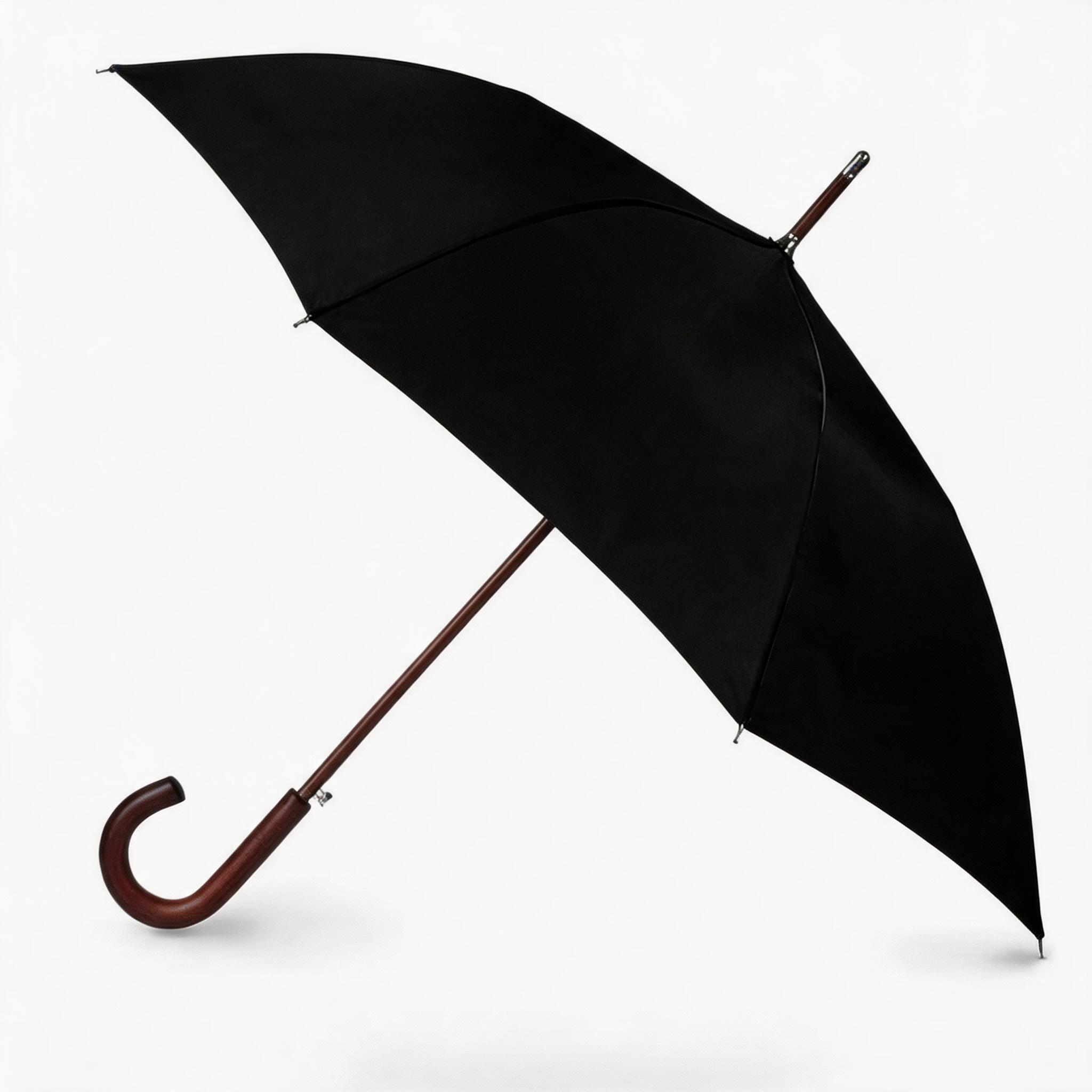 Black automatic wood handle hotel umbrella open canopy side view