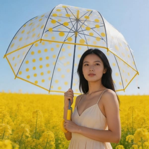 51 inch clear PVC bubble umbrella with yellow dots lifestyle photo for OEM and ODM custom umbrella orders