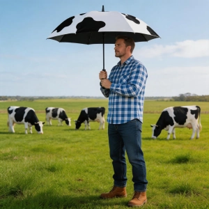 54 inch 8K cow print UV protection golf umbrella lifestyle photo for custom logo golf umbrella orders