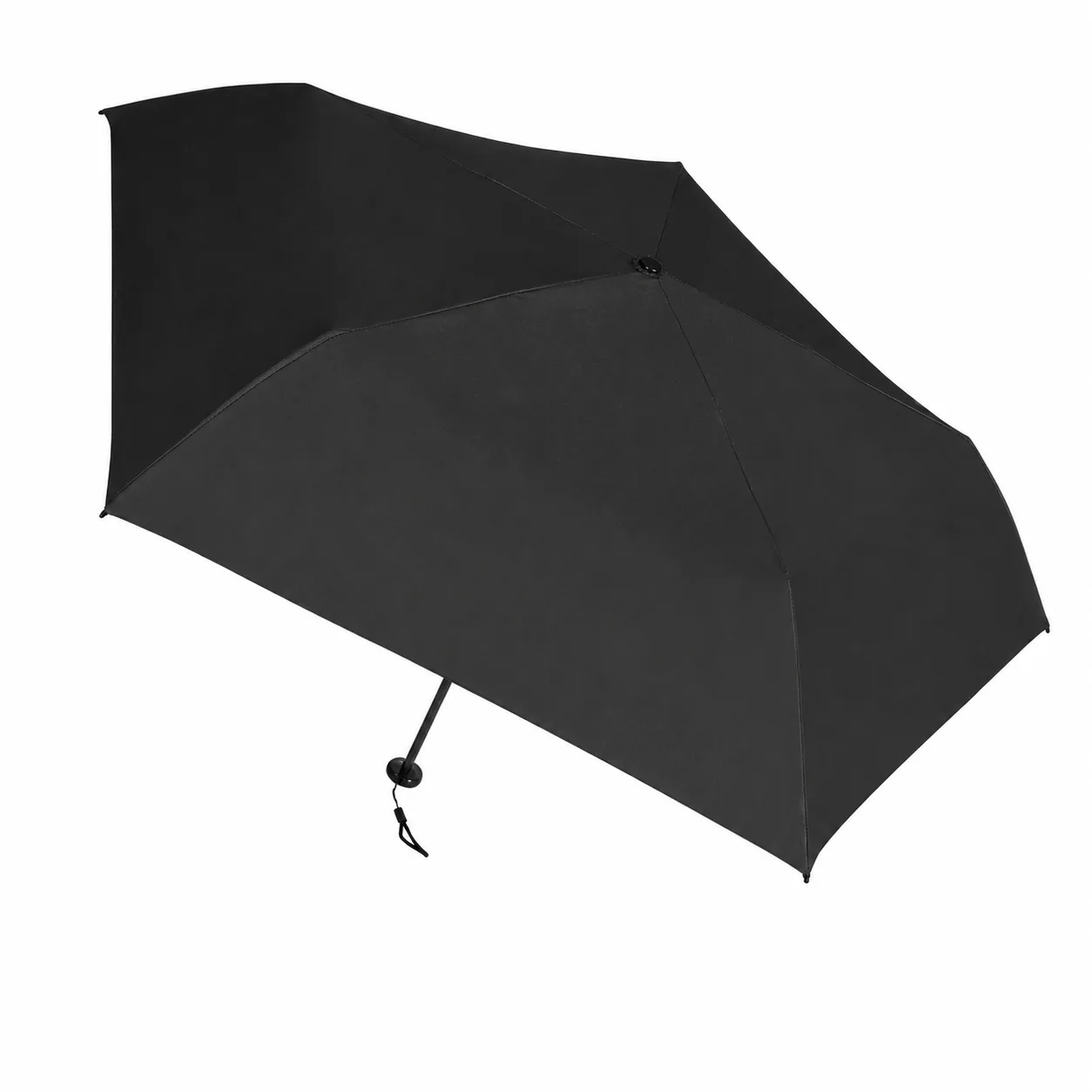 Black mini lightweight folding umbrella with open canopy for rain and sun protection