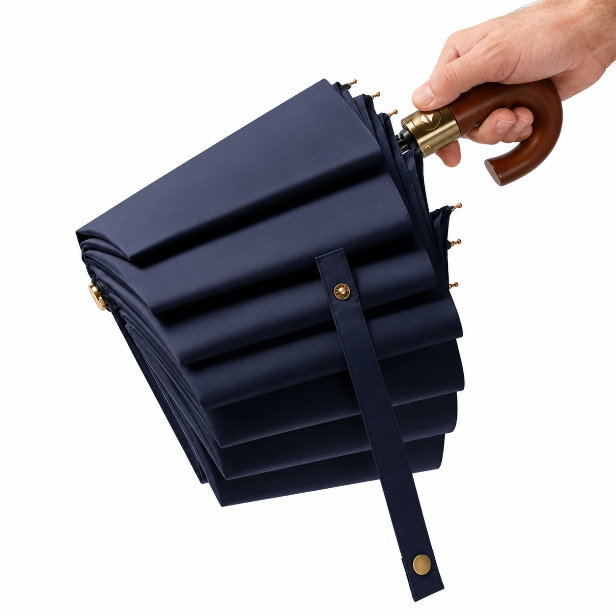 Auto open close folding umbrella close up with wood hook handle