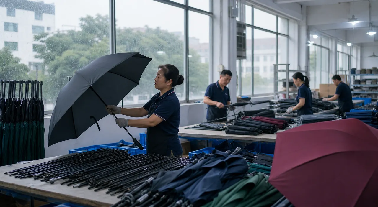 Workers inspecting custom umbrellas at a China umbrella manufacturing factory during the rainy season