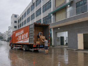 Custom umbrella cartons loaded onto truck outside China umbrella factory