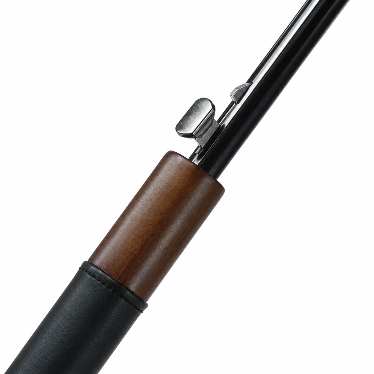 Push button detail on straight umbrella with wood handle