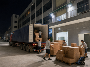 Umbrella export container loading at night for overseas B2B orders