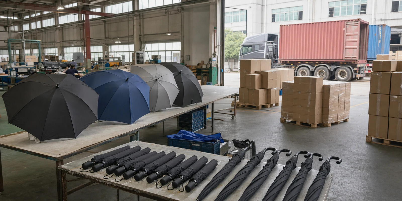 China umbrella factory preparing finished umbrellas and export cartons for global markets
