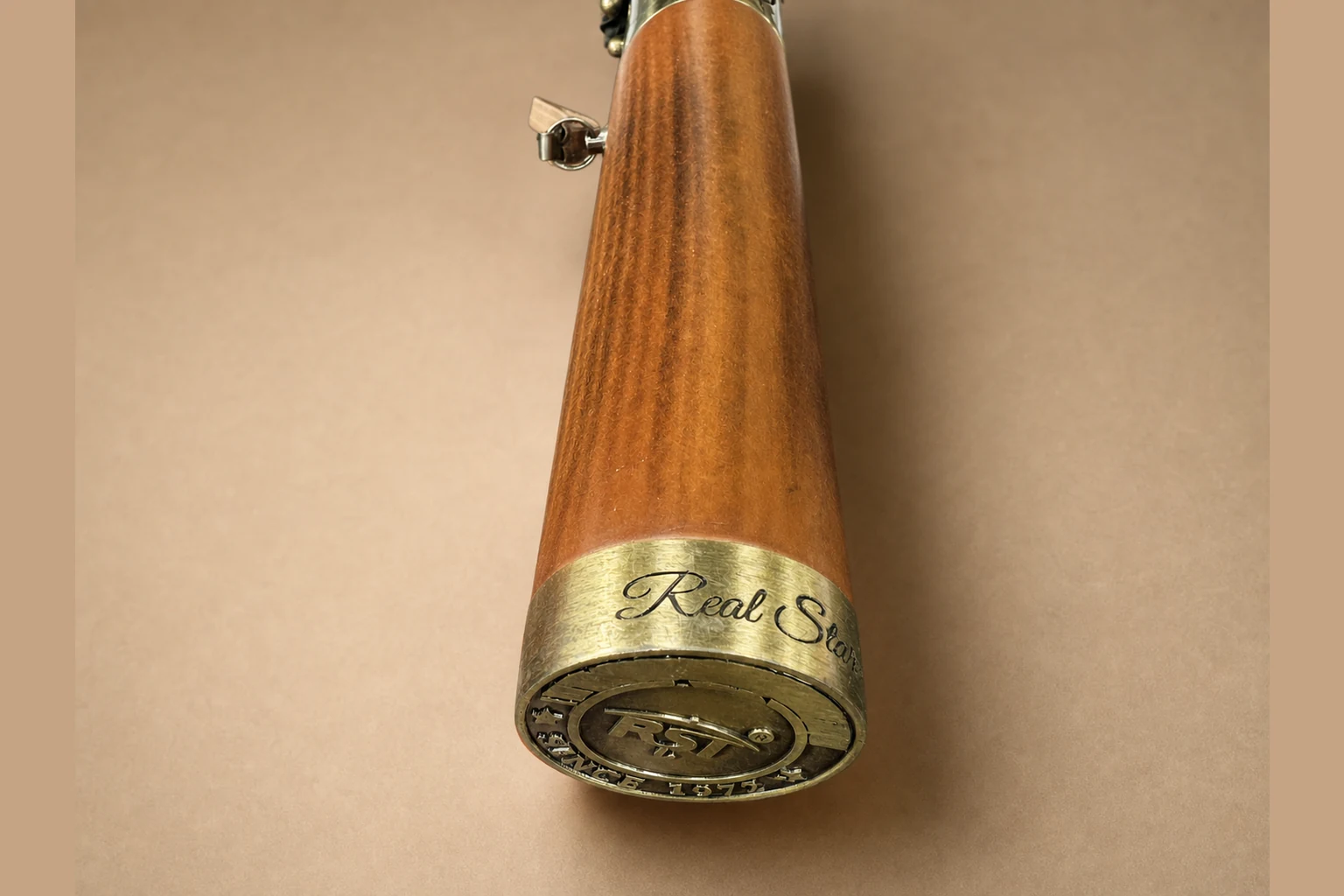Custom wooden umbrella handle with preserved engraved logo and metal end cap