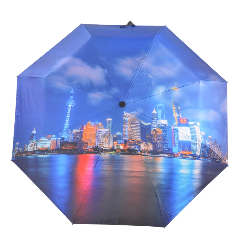 Shanghai skyline full-canopy digital print automatic folding umbrella