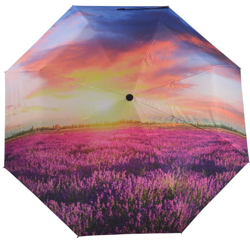Sunset flower field full-canopy digital print automatic folding umbrella