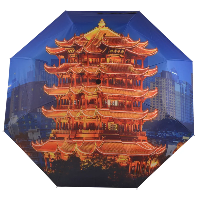 Yellow Crane Tower full-canopy digital print automatic folding umbrella