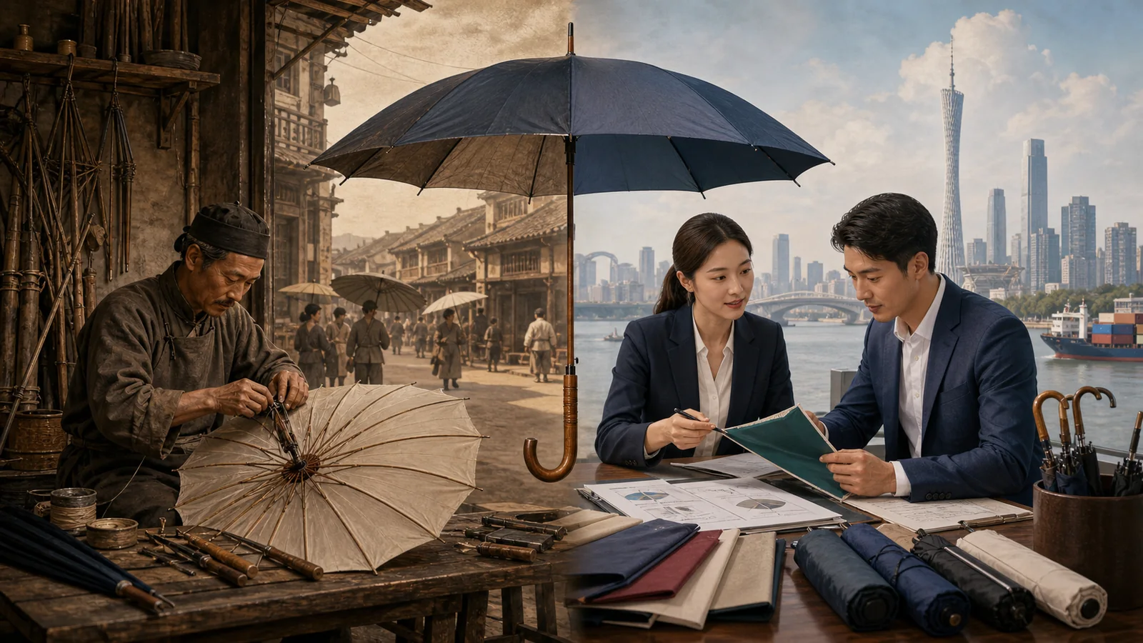 Illustration of Guangzhou umbrella factory history, from handcraft workshops to a trade and service hub