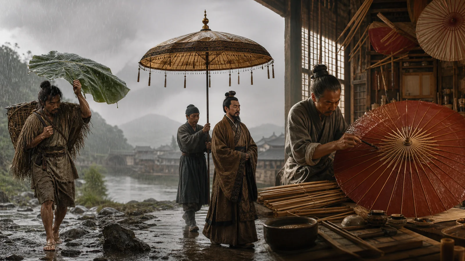 Evolution of umbrellas from a large leaf and ceremonial parasol to Chinese oil-paper umbrella craftsmanship