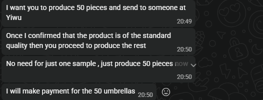 Chat excerpt requesting an initial batch of 50 umbrellas for a quality check
