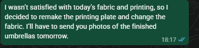 Factory message explaining a fabric change and printing-plate adjustment