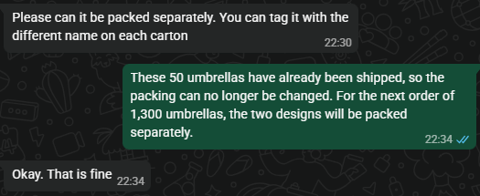 Chat confirming separate packing by design for the following 1,300-umbrella order