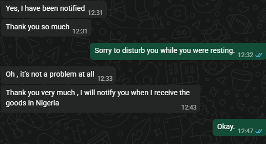 Customer chat acknowledging the delivery update and promising to report receipt in Nigeria