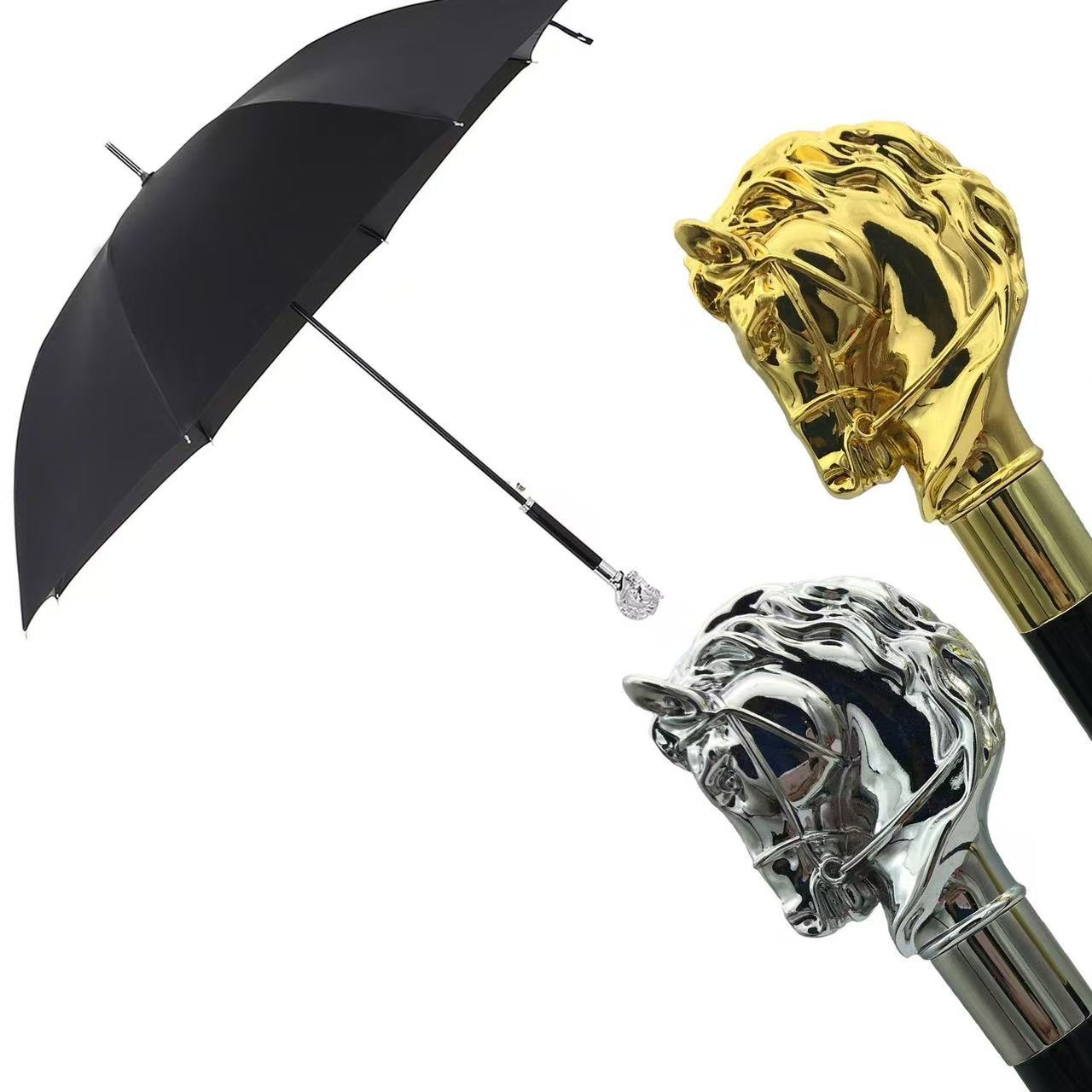Gold- and silver-colored horse-head umbrella handles with a complete umbrella reference