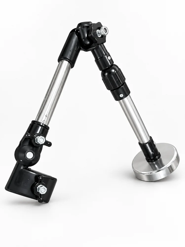 Adjustable magnetic umbrella holder with shaft clamp, articulated joints and round magnetic base