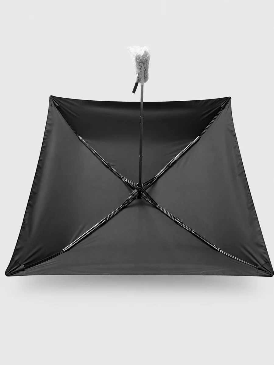 Underside of a black square automatic open-and-close umbrella showing the frame and telescopic shaft