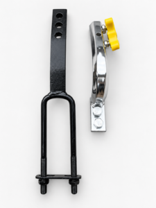 Motorcycle umbrella mounting accessory option B with a two-leg threaded bracket, mounting plate and chrome holder with yellow knobs