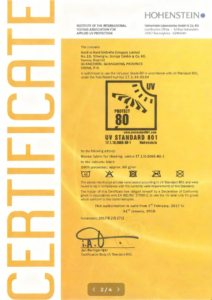 UV Standard 801 certificate for black polyester umbrella fabric, issued in 2017