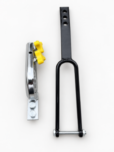 Motorcycle umbrella mounting accessory option A with black bracket, transverse bolt and chrome holder with yellow adjustment knobs