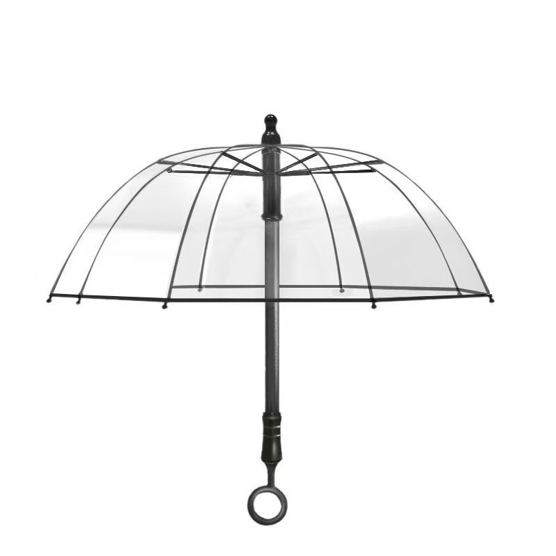 Transparent dome umbrella with black ribs, a long central shaft and a ring-shaped handle