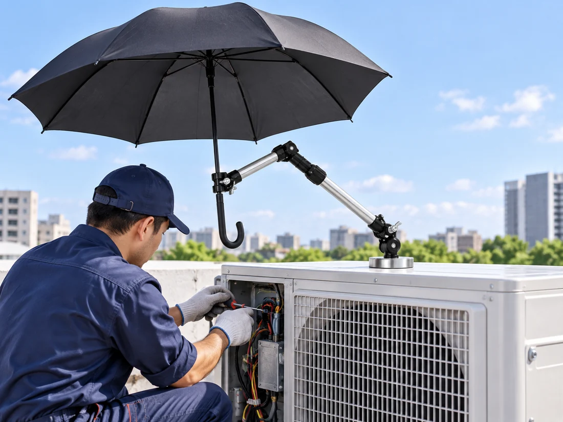 Illustration of a magnetic umbrella holder shading an air-conditioning maintenance work area