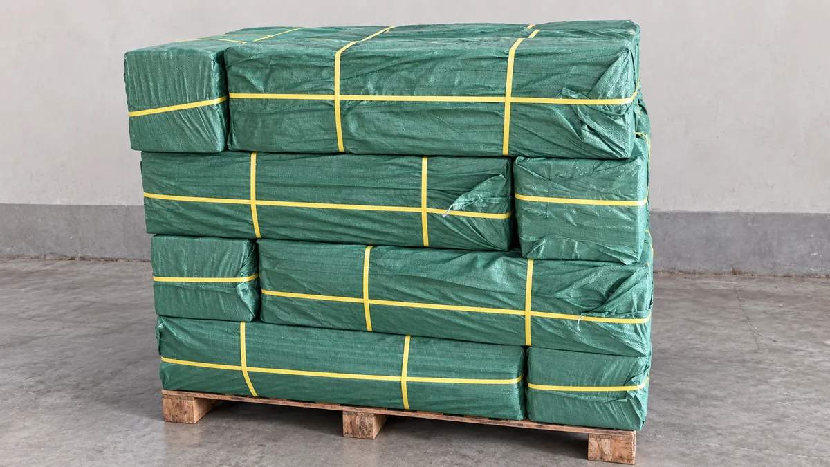 Green woven outer packaging secured with yellow straps on a wooden pallet
