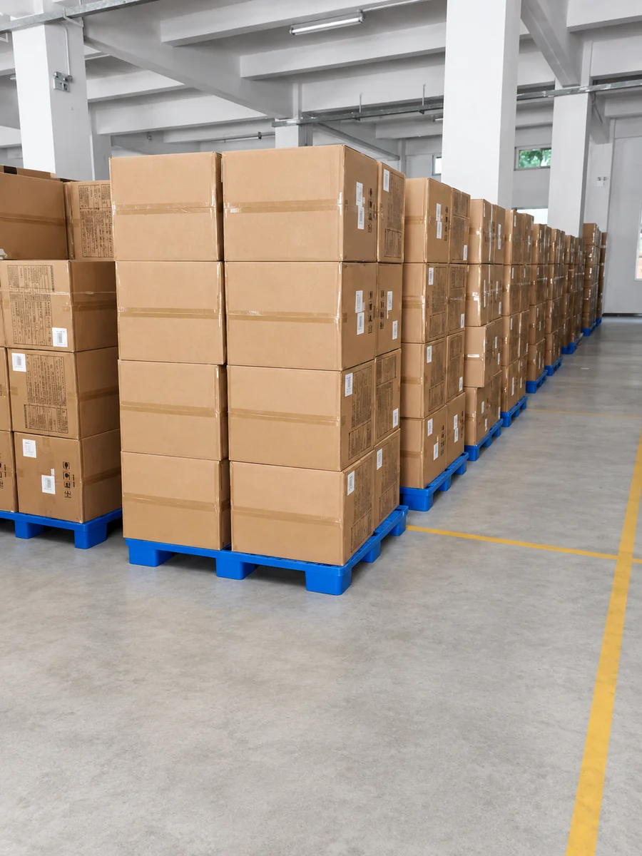 Brown shipping cartons stacked on blue plastic pallets in a warehouse