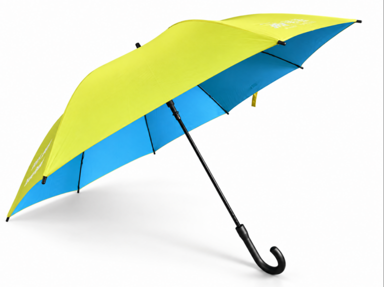 Umbrella with a yellow exterior, blue interior, black ribs and a curved black handle