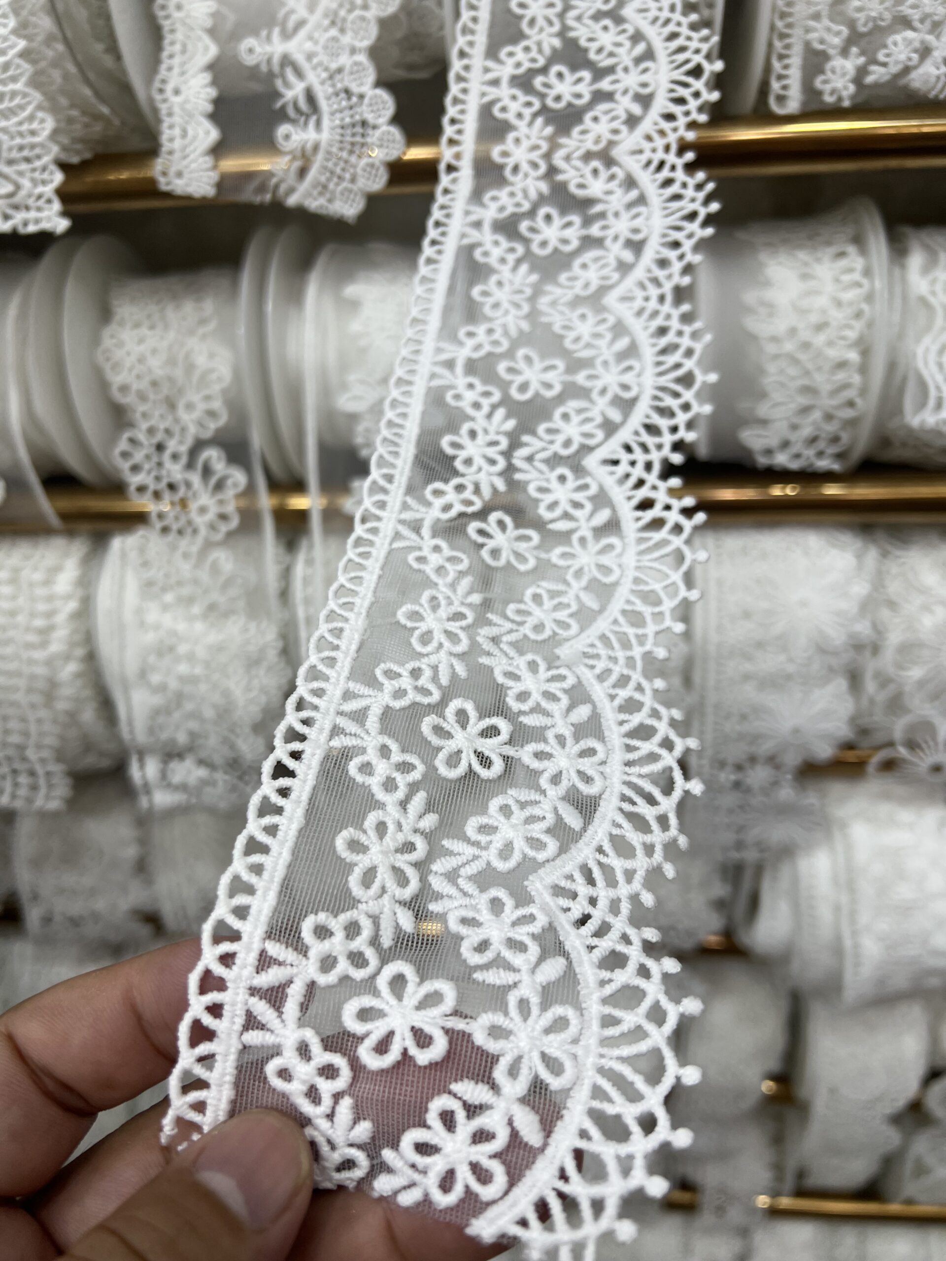 A white embroidered lace strip held in front of different lace rolls