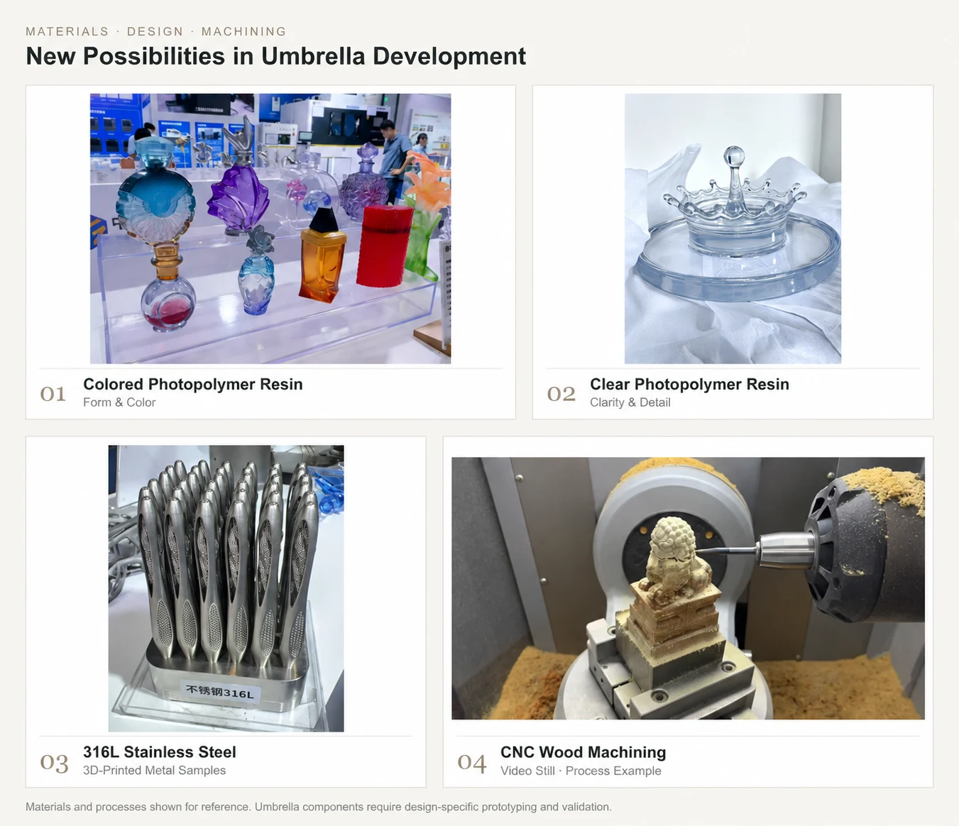 Colored and clear resin samples, 316L metal prints and CNC wood machining references for umbrella development