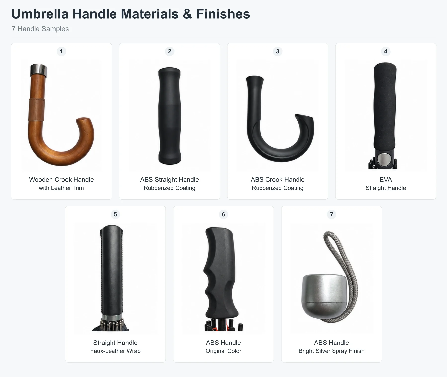 Seven umbrella handle samples comparing wood, EVA foam, rubberized ABS, faux-leather wrap, uncoated ABS and silver-painted ABS.