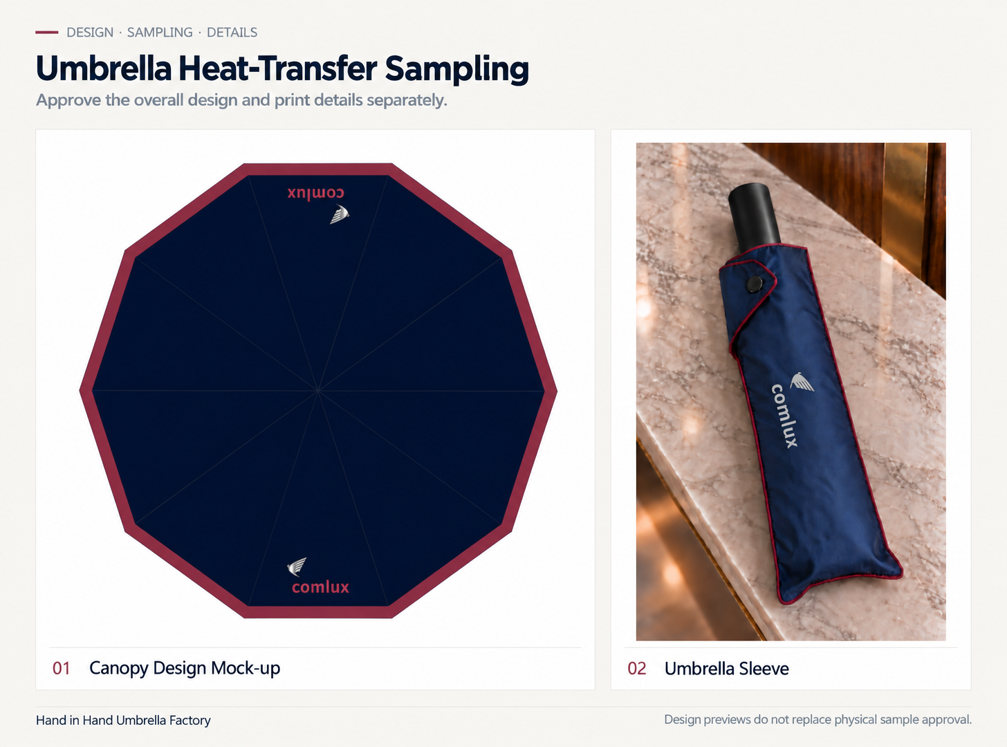 English sampling layout showing a navy canopy design mock-up and a matching umbrella sleeve with burgundy trim